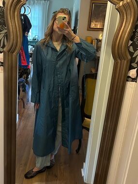 Vintage Rain Totes Teal Long Button-Up Trench Coat